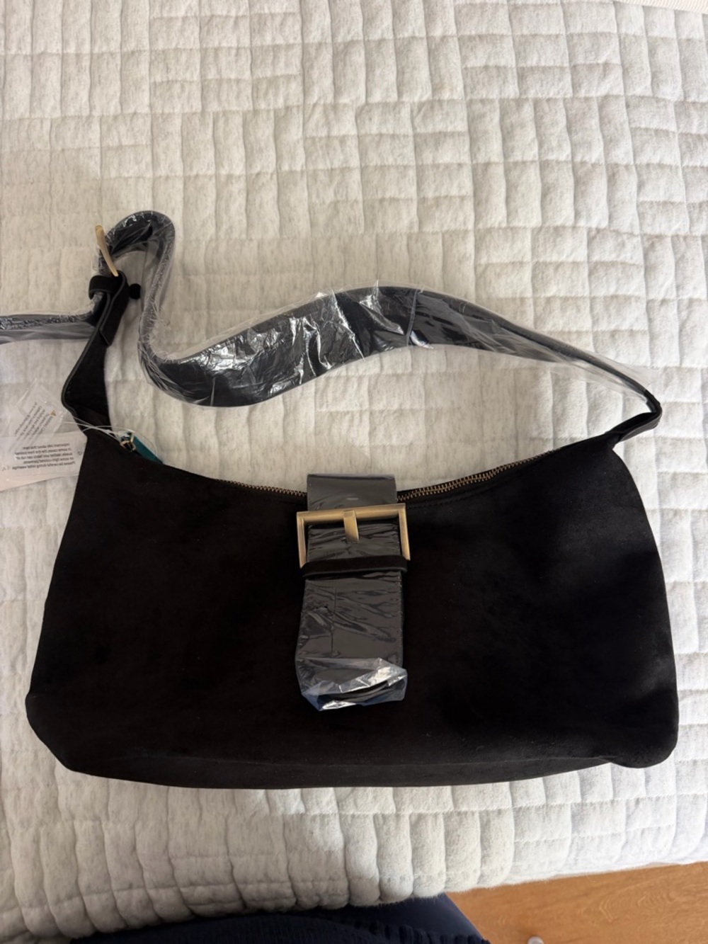 NWT Anthropologie Remi & Reid Black Faux Suede Shoulder Bag with Buckle Strap